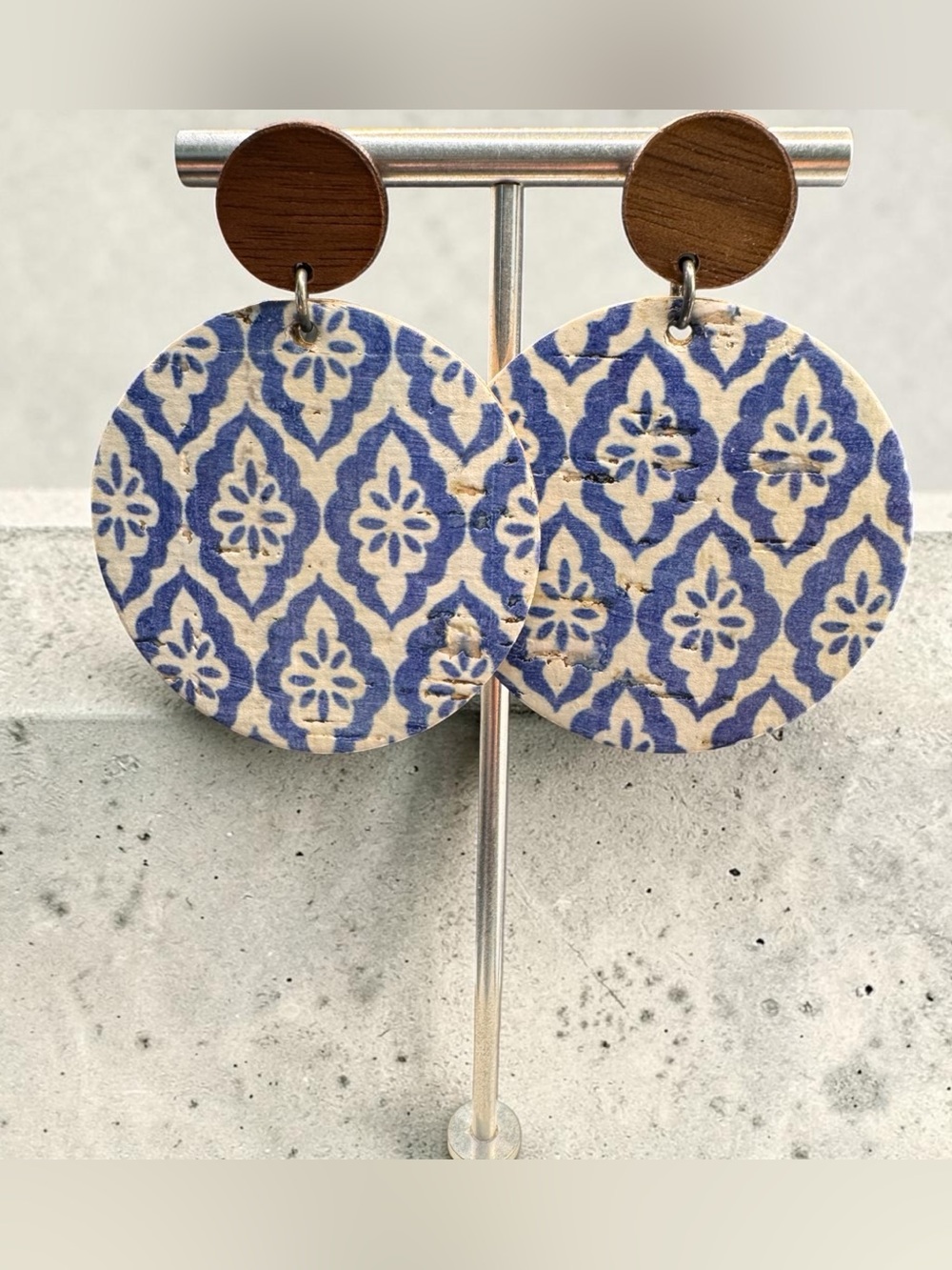 Brinley & Co Blue and Cream Patterned Round Wooden Dangle Earrings - SKU V